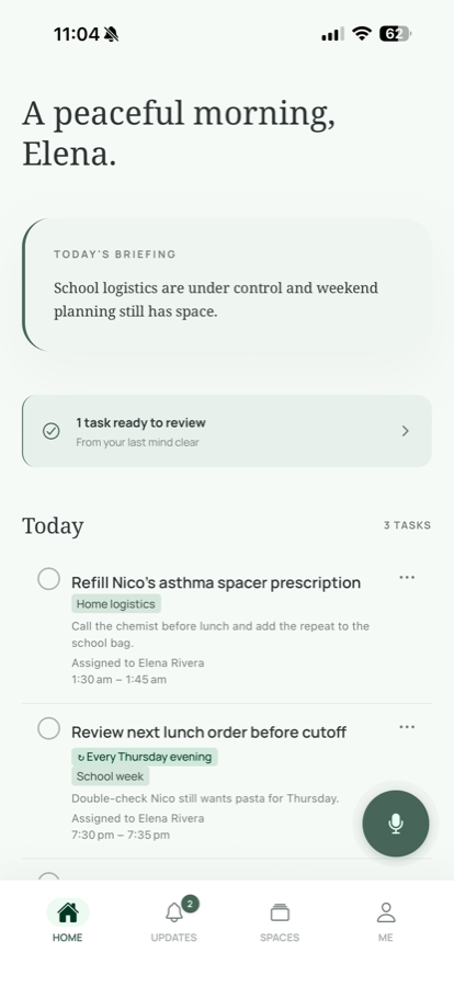 Oria Today screen with a morning briefing and family tasks ready to review.